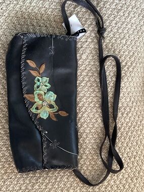 Black Mini Crossbody Bag with Green Floral Embroidery